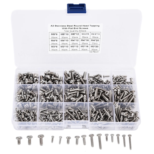 400 Styck Rostfritt stål Skruv Cross Pan Head Självgängande Skruvar Sortiment Kit Fästelement
