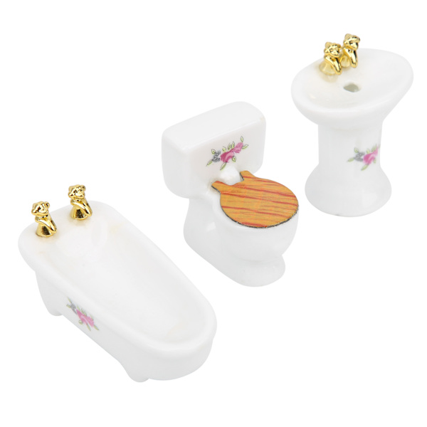 1/24 Nuken talo Miniatyyri kylpyhuonesetti Simuloitu Keramiikka kylpyamme WC-pönttö Pesualtaan sarjaRose