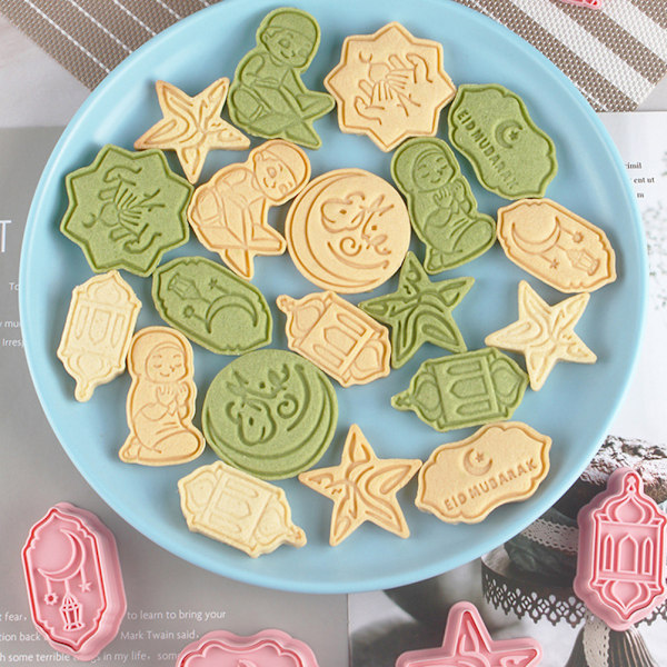 Eid Mubarak Cutters Set 3D Ramadan stämpel kexskärare för degost DIY kex prägling bakverktyg