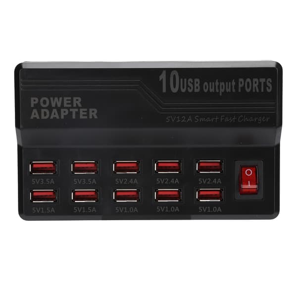 Smart USB-lader - 10 porter, 12A hurtigladestasjon, Power Hub for flere enheter