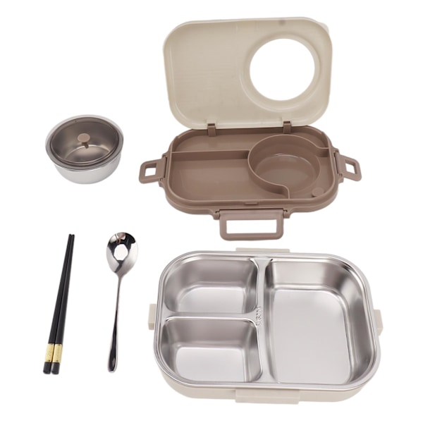 Lunchlåda i rostfritt stål med soppskål Sked Ätpinnar Beige Läcksäker Bärbar Bento Lunchlåda för Camping Picnic 3 Fack 1100ml
