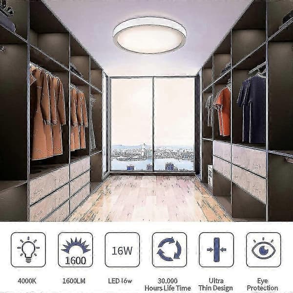 LED-loftlampe Flad rund loftlampe 16 W, LED-loftbelysning til badeværelse soveværelse stue
