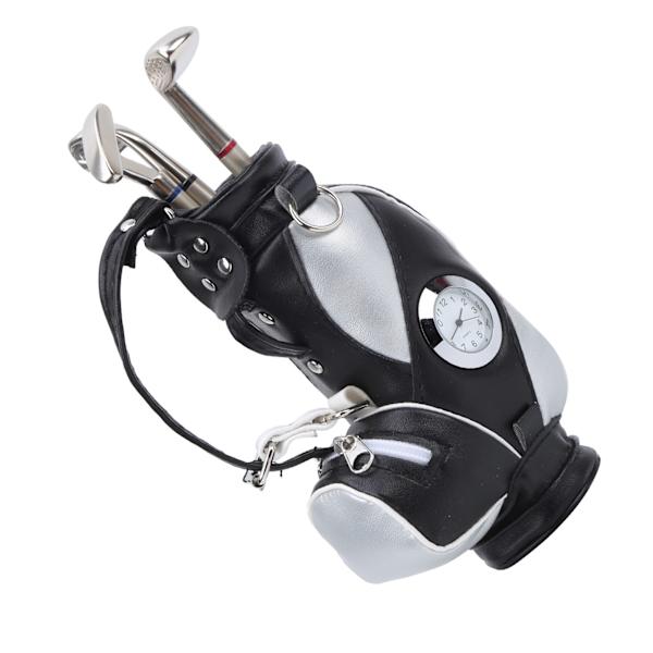 Mini Desktop Golfväska Penna Klocka Zinklegering PU Läder med Golfpennor Souvenir Set GiftSvart Silver