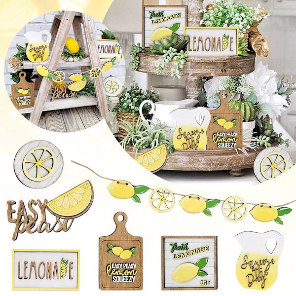 Citron Tiered Bricka Dekor Citrontema Trä Stående Skylt Farmhouse Citron Banner Färsk Lemonad Trä Tiered Prova Dekor