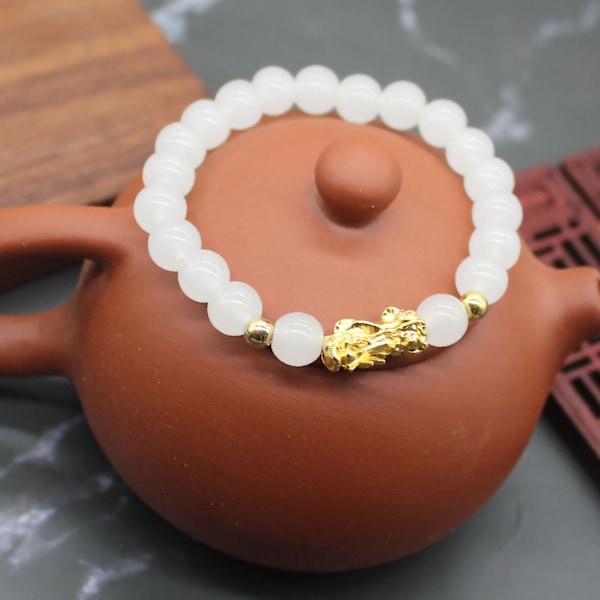 Kinesiskt Pixiu pärlarmband Wealth Lucky Brave Troops Armband Bra present till män Kvinnor Par Vit