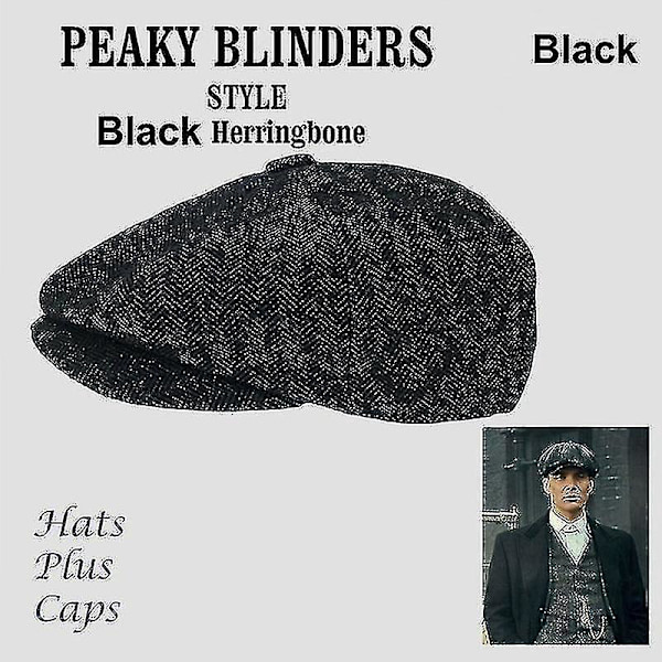 Mænds Newsboy Cap Uldblænd Herringbone Tweed Vinterhat - Mørkegrå