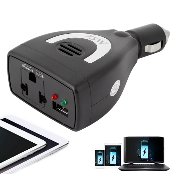 75W DC12V til AC 220V Bilstrømsomformer Konverter USB Oplader Adapter