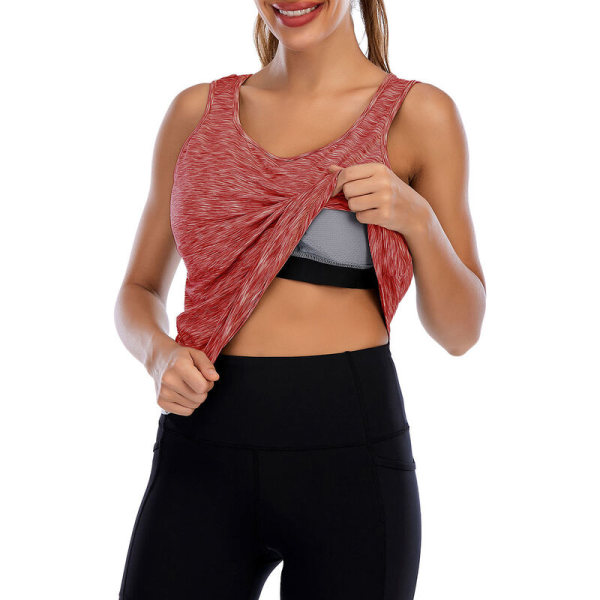 Lös ärmlöst träningslinne med rund hals för kvinnor med inbyggd bh Activewear för yoga, löpning, fitness, modell: röd M