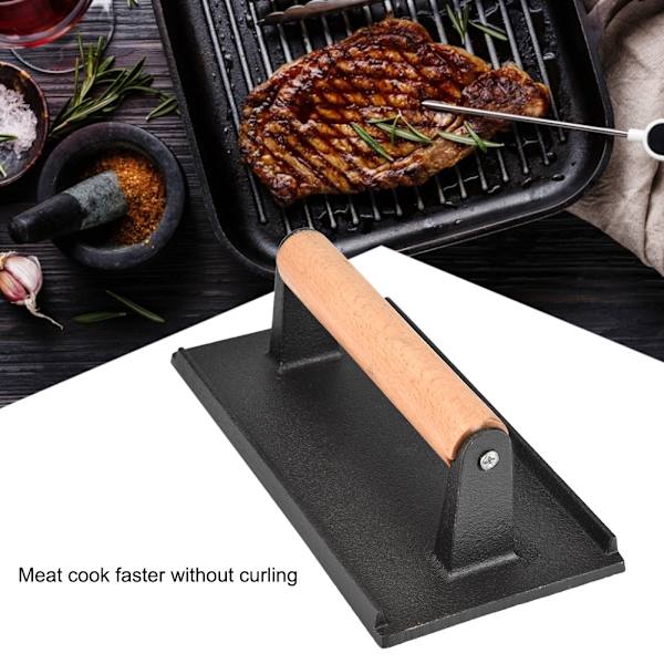 Kommersiell gjutjärnsbiff vikt trähandtag Bacon Grill Hamburger Press