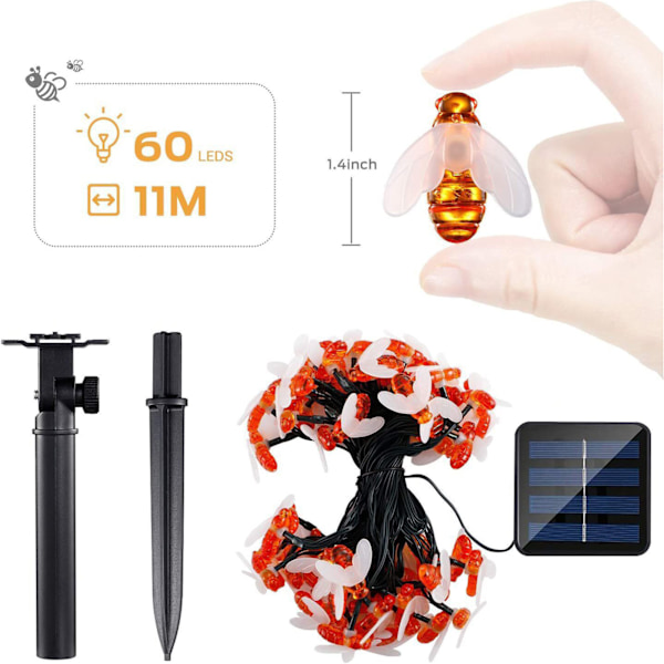 Honeybee String Lights Vattentät Intelligent Control 20 LED Solar Bumble Bee String Lights for Garden 16,4ft Varmvitt Ljus 8 lägen