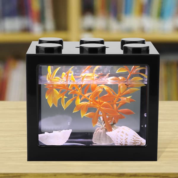 Decorative Mini Aquarium USB LED Light Lamp Fish Tank Box Office Tea Table Decor (Black)