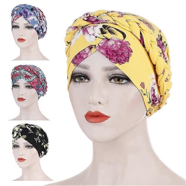 Elegant blomstertrykk elastisk hodeplagg for kvinner, turbanhatt for kreft, cellegift, hårtapshatt Black
