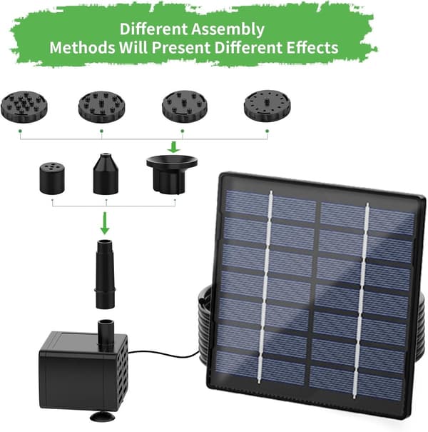 Solcellefontænepumpesæt med 1,8W panel, 6 dyser og 3 m kabel til fuglebad, dam, haveakvarium, sort 11CM