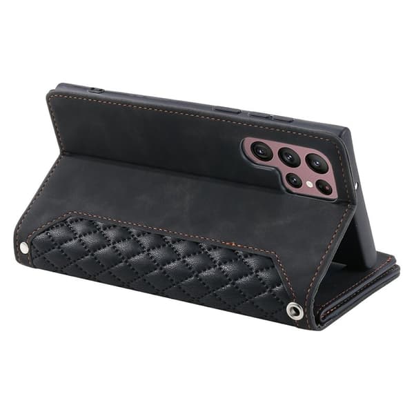 Samsung Galaxy S26 Ultra Wallet Case Rhombus Stitching Line Kunstlæder Sort