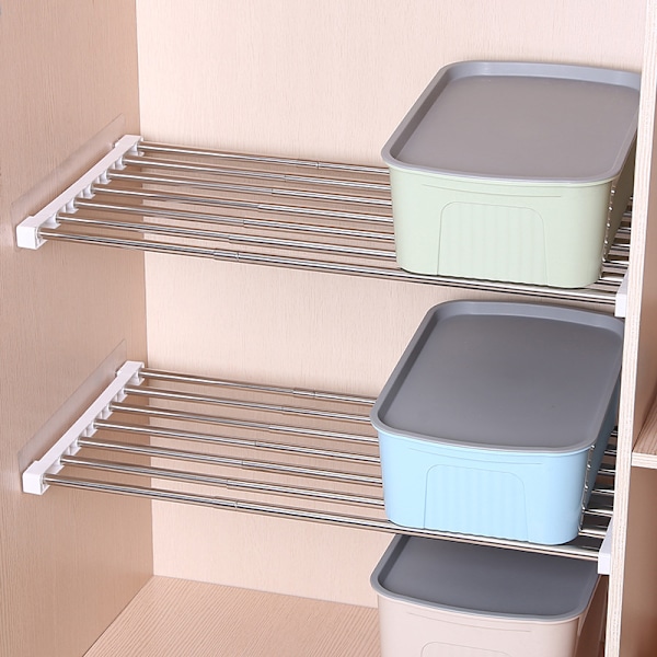 Utvidbart oppbevaringsstativ for skap 25-40 cm Justerbar 24 cm bredt rustfritt stål spikfri installasjon Skapspennerhylle for skap