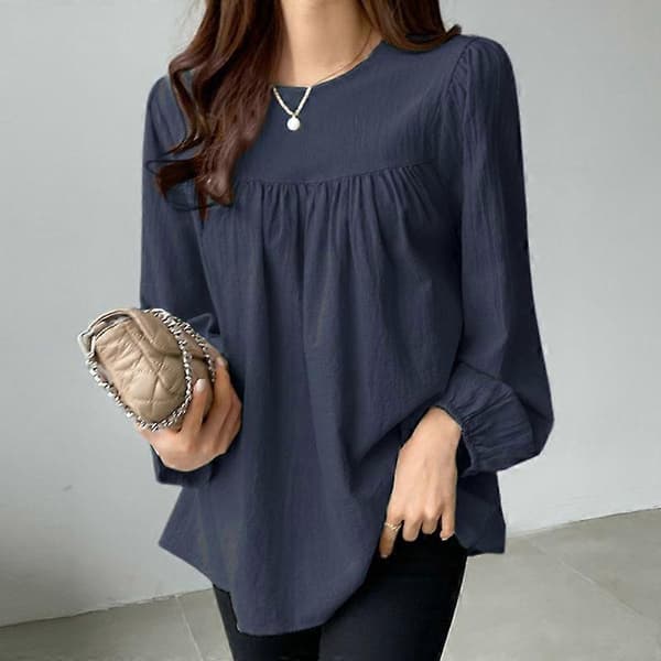 ZANZEA Damblus Avslappnad O-ringad Långärmad Bomullst-shirt[LD] dark blue S