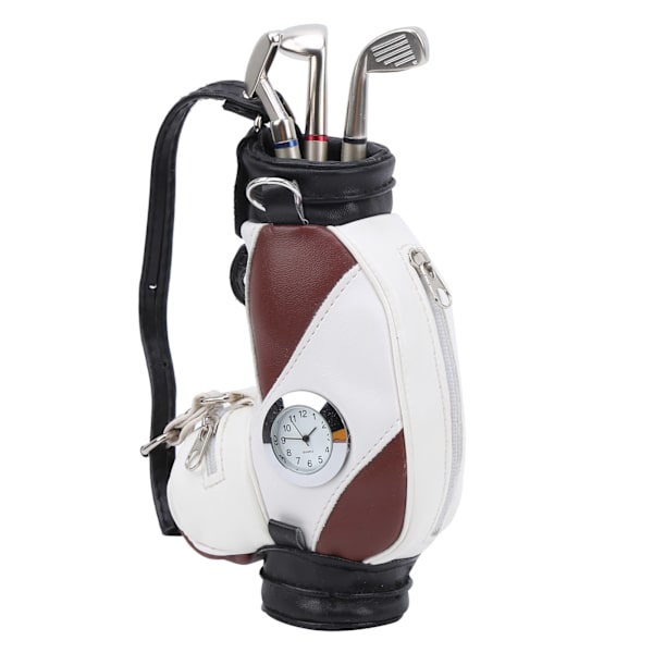 Mini Desktop Golfväska Penna Klocka Zinklegering PU Läder med Golfpennor Souvenir Set GiftBrown White
