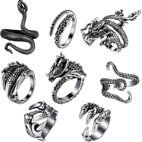 8 stykker vintage punkringer Octopus Dragon Snake Justerbar Ring
