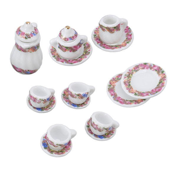 15 st Dollhouse Tea Set Mini Simulering Keramiska Tekoppar Set Dockhus Tillbehör Miniatyrmodell Rekvisita Typ A