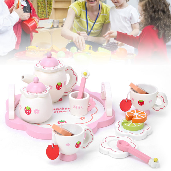 Träservis med hög simulering av teserviser Låtsas rollspel Kid Educational Toy Set Pink Teaware