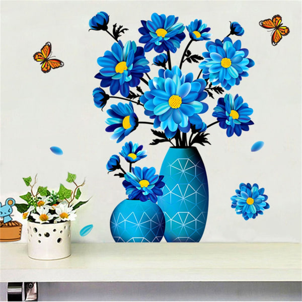 Väggtatuering blå vas med krysantemum wallsticker 45*60cm