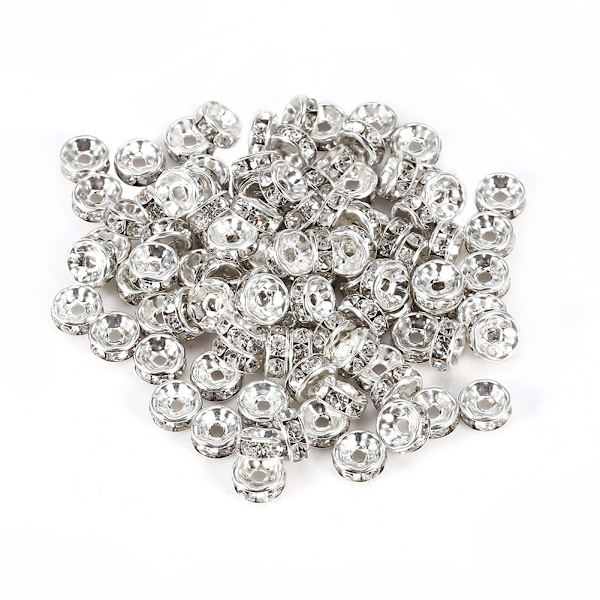 100 st/set Alloy Rhinestone Loose Charm Spacer Bead för smyckestillverkning (silver 8 mm)