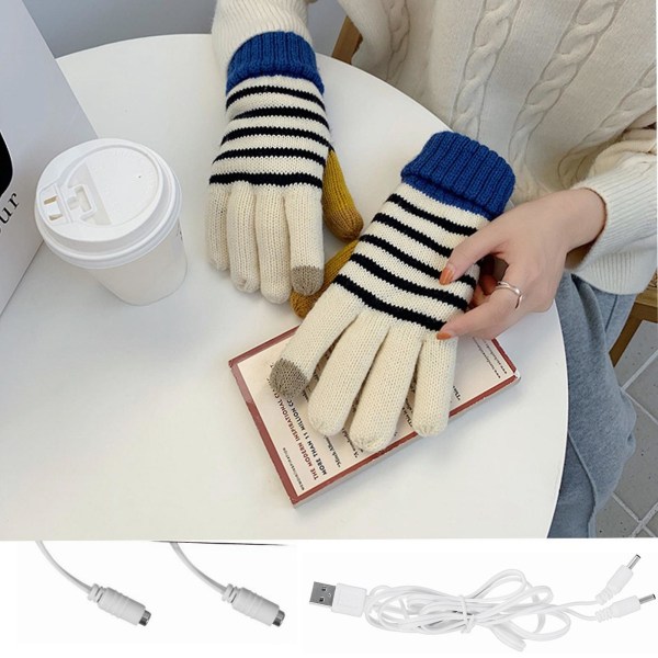 Oppvärmda Usb-handskar for kvinner, handvärmare med randstickning, tvättbar, varm vinterpresent