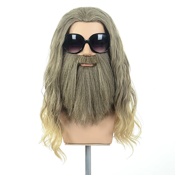 Lång lockig blond brun herrperuk med mustasch Halloween Cospla