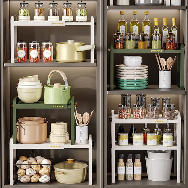 Countertop Kitchen Storage Rack White Plastic Double Layer Telescopic Kitchen Shelf Organizer for Home Stove Sink 8512 2