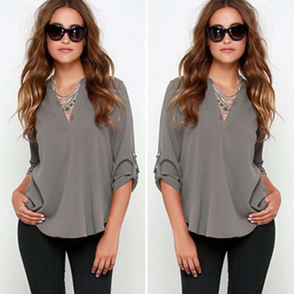 V-hals Chiffon Bluse Topp for Kvinner i Grå - Størrelse 2XL