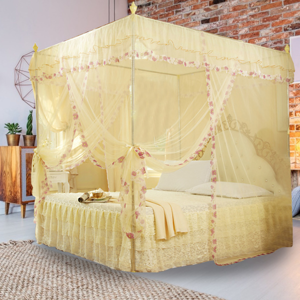 Luksus Prinsessa 3 Sivuaukkoa Tolppavuode Verho Baldakiini Mosquito Net Sängi Verhot (Keltainen S)