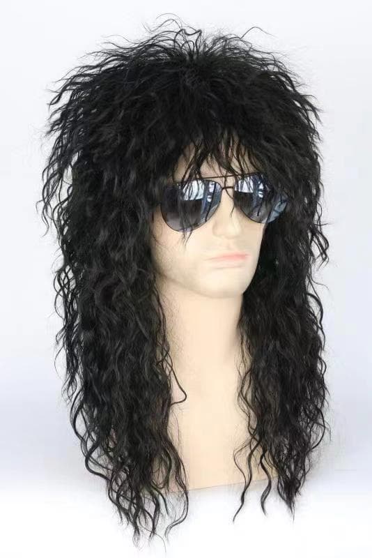 Sort top herreparyk med 80'er mønster, mullet, rocker, punk, popstjerne, sort