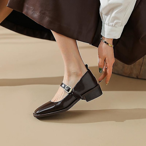 2023 Nya vår Square Toe Mary Jane Läder Dam Pumps Klackar med Spänne Rem - Svart