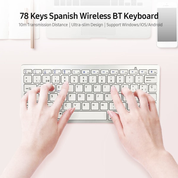 Espanjalainen langaton BT-näppäimistö 78 näppäintä BT 3.0 Kannettava Windows/iOS/Android Erittäin ohut näppäimistö Tuki kannettavalle tabletille, malli: hopea