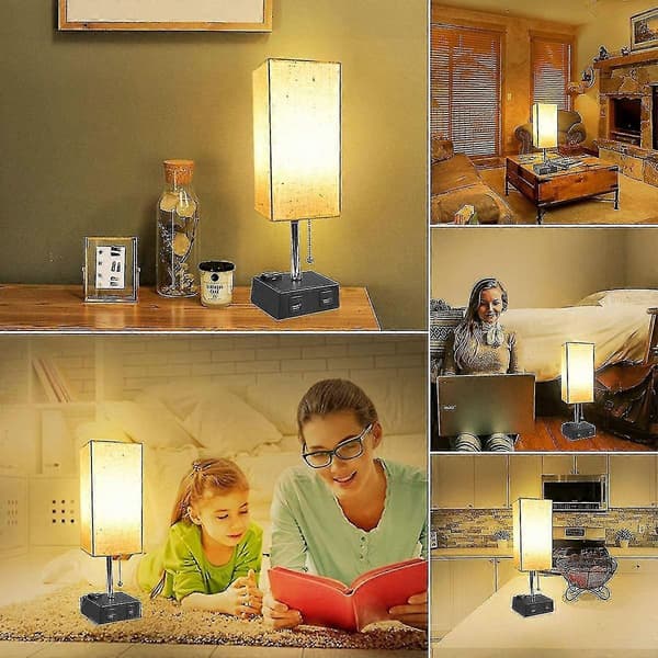 Multifunksjonell nattbordslampe med doble USB-porter og stoffskjerm
