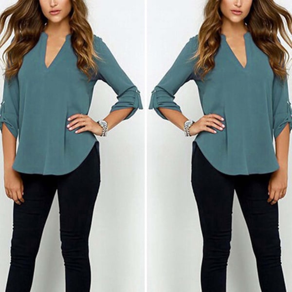 V-hals Chiffon Bluse Skjorte for Kvinner i Peacock Blå - Størrelse 2XL