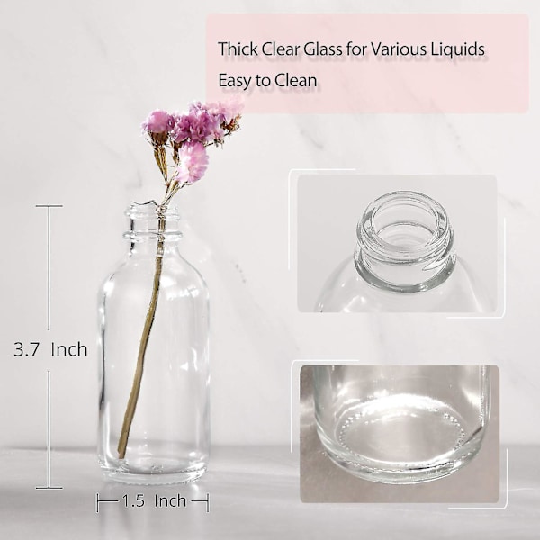 Små klare glasflasker med låg (60 ml) - Sæt af 12 med 3 rustfrie tragte