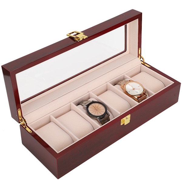 Trä 6 Grid Watch Display Box Transparent fönster Watch förvaringsbox (röd)