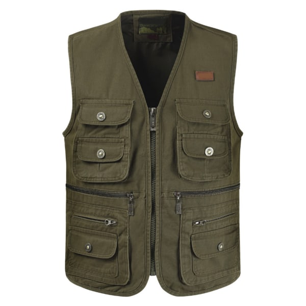Cargo Vest Multi Pockets Soft Breathable Pure Cotton Smoothing Zipper Fishing Vest for Outdoor Journalist The Old OD Green XL