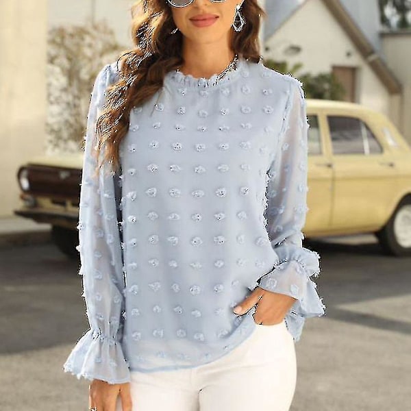 Chiffonbluse med Rufflet Hals, Lang Ermet Pullover Topp - Himmelblå XL