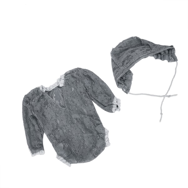 Babyfotografering Jumpsuit Fotorekvisit Hat Spidsoutfit Kostumesæt til Nyfødt Grå