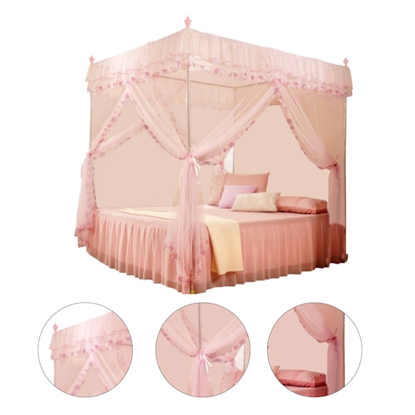 Luxury Princess 3 sidoöppningar Stolpsäng Gardin Baldakin Nät Myggnätsängkläder (Rosa S)