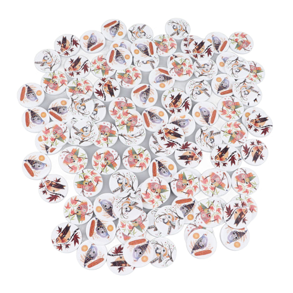 100 stk Blandet Trykk Treknapper 2 Hull Runde Dekorative Treknapper for Søm DIY Håndverk Tegneserie Trykk Fugl
