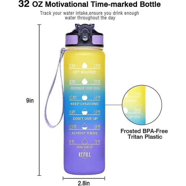 32oz lekkasjesikker Bpa-fri drikkevannsflaske med tidsmarkør og sugerør Ombre Yellow Purple
