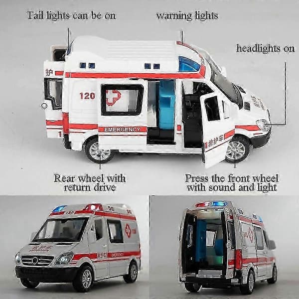 1:32 Simulering Ambulance Model Alloy Pull Back Lyd og Lys Trykstøbt Bil Legetøjspoliti Specialbil Børnelegetøj Gave