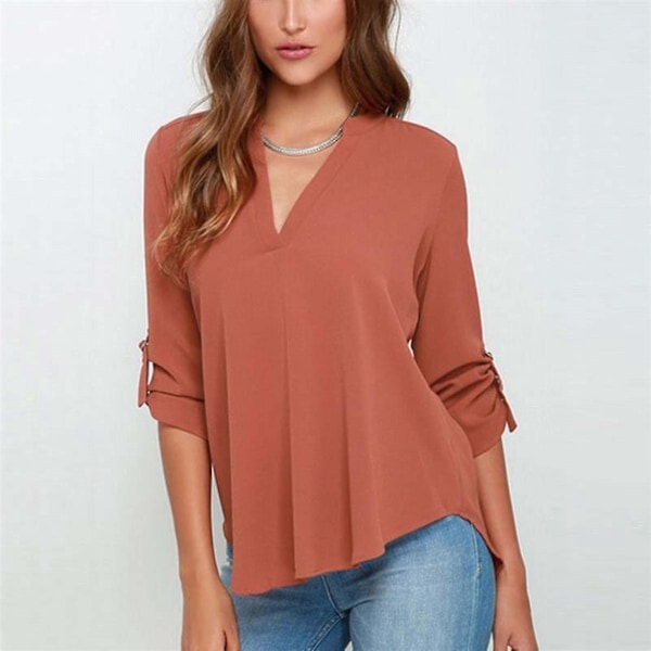 V-hals Chiffon Bluse Kvinders Solid Murstensrød Skjorte Toppe
