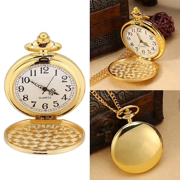Klassisk Quartz Analog Smooth Pocket Watch Halsbandshänge med kedja guld