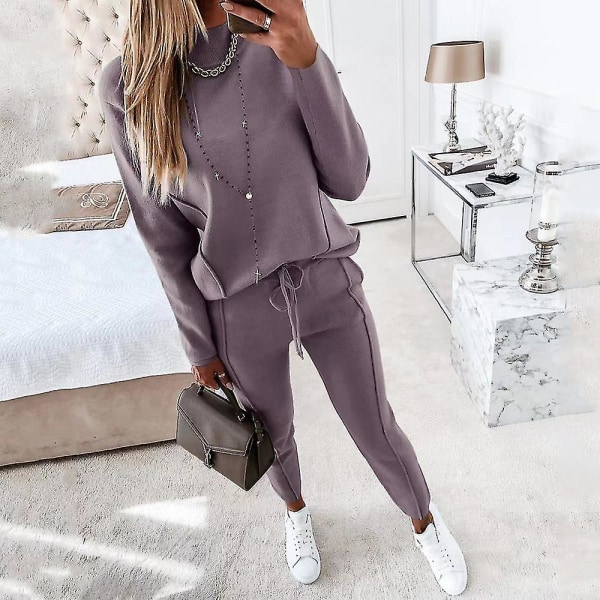 Damer, tvådelad träningsoverall Set Långärmad sweatshirt Toppar och träningsbyxor Sweatsuit Jogger Workout Lounge purple gray 3XL