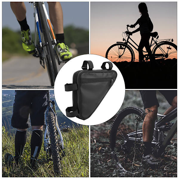 Sort Rivfast Nylon Trekantet Cykel Vandflaske Frontstråle Taske Cykelram Cykling Mobiltelefon Etui Sort