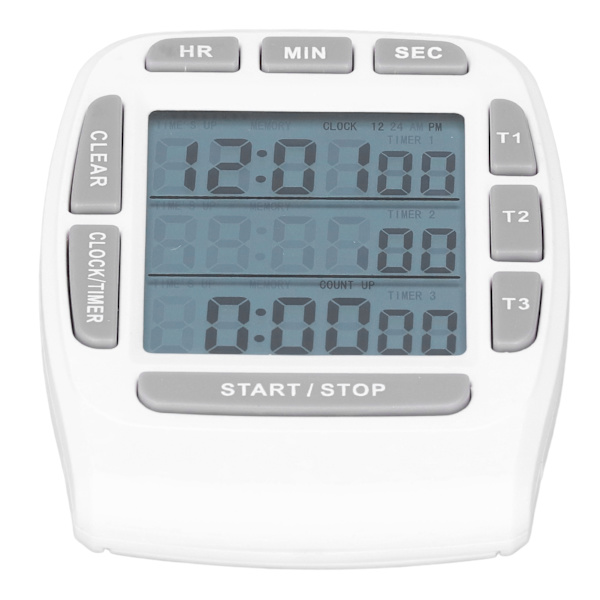 Triple Timer Ur - Tæl Op/Ned 4,0x4,4cm LCD Skærm Multifunktionel Hvid Indbygget Batteri
